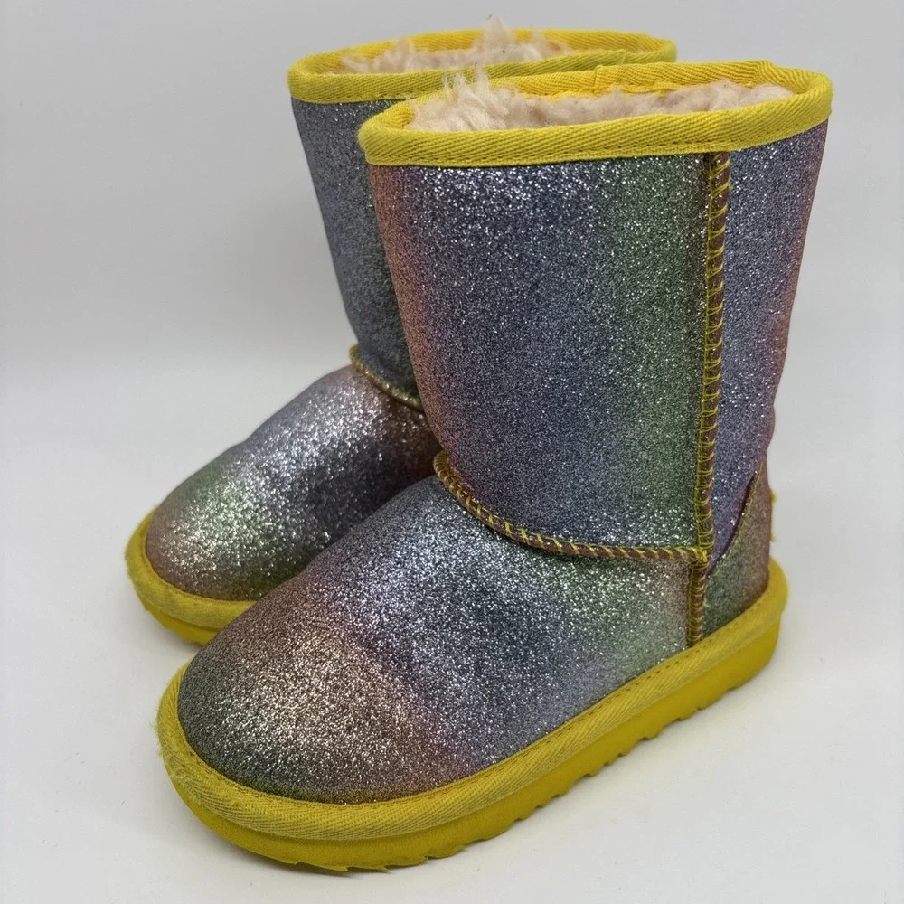 UGG Little Girl 10 Rainbow Glitter Yellow Trim Classic Short Shearling Fur Lined